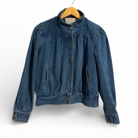 Vintage Jackets & Blazers - Vintage Dark Blue Bomber Jean Jacket Size Medium Stranger Things Puff Shoulder